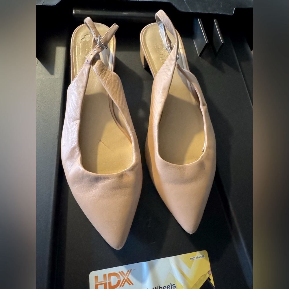 Franco Sarto Leather Block Chunky Slingback Point low heels sandals pumps work
